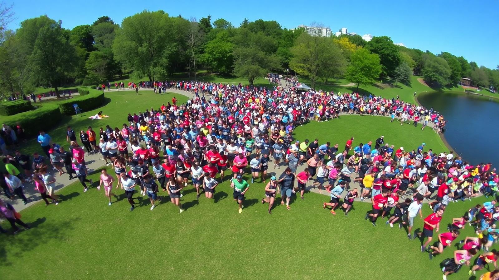 Aerial view of hundreds of runners at Jamaica Pond